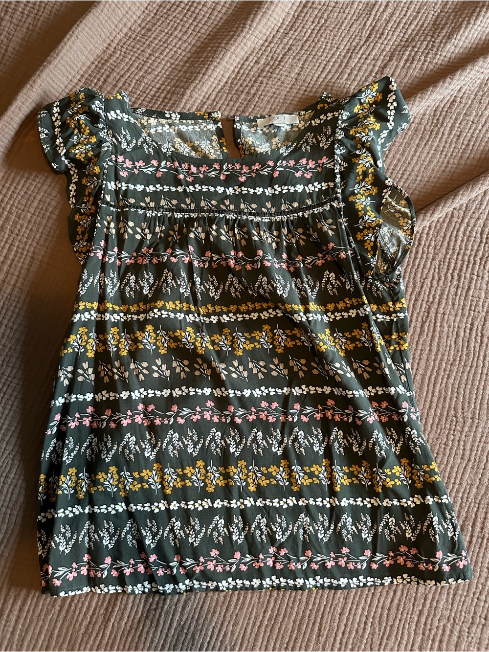LOFT Olive Green Floral Ruffle Sleeve Blouse